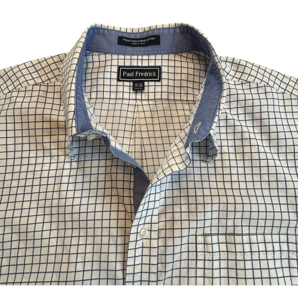 Paul Fredrick Mens White Blue Check Dress Shirt 19 X 35 Long Sleeve Big & Tall